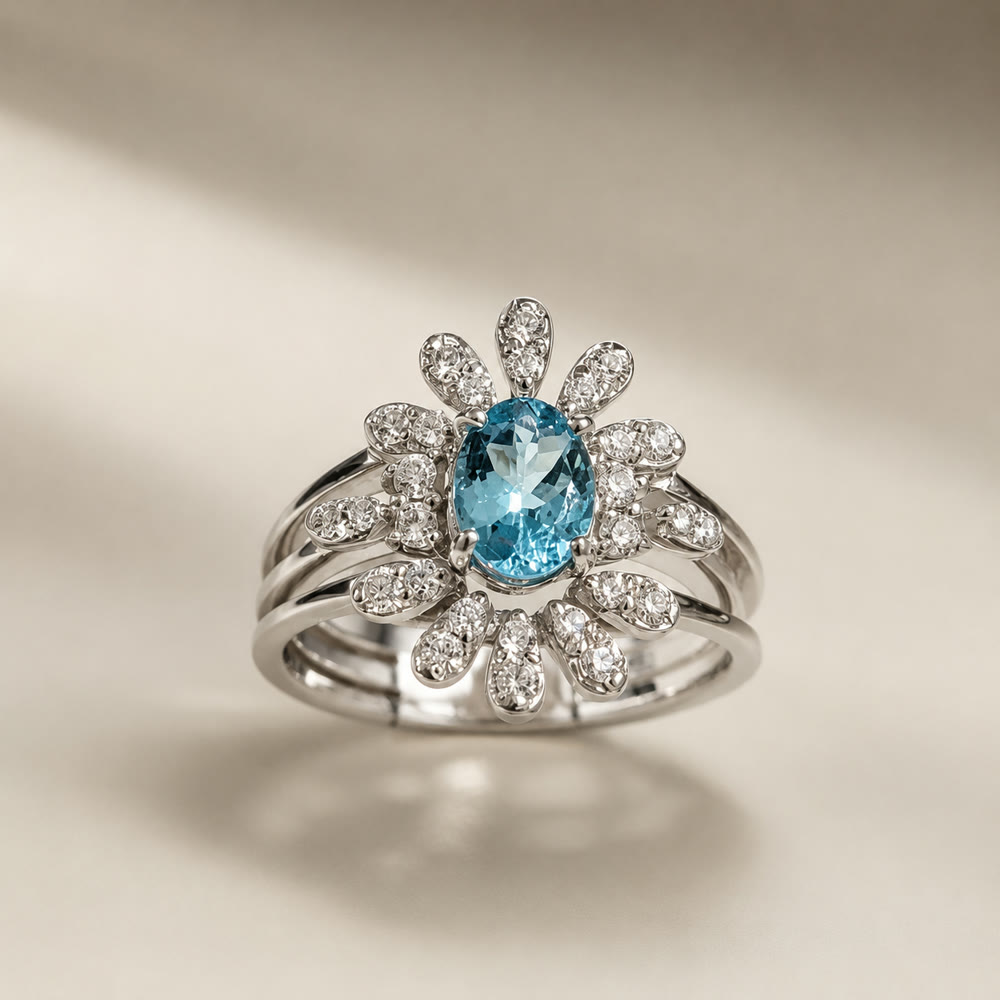 Anello in oro bianco con acquamarina ovale e contorno di diamanti a forma di fiore